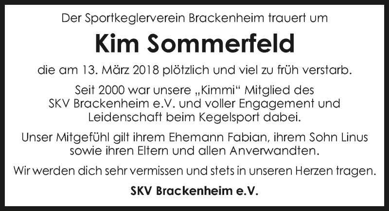  Traueranzeige für Kim Sommerfeld vom 17.03.2018 aus 