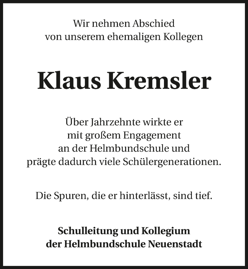  Traueranzeige für Klaus Kremsler vom 31.03.2018 aus 