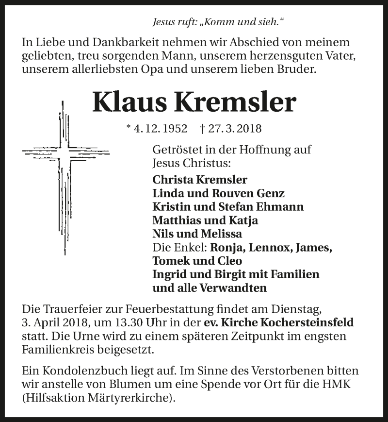  Traueranzeige für Klaus Kremsler vom 29.03.2018 aus 
