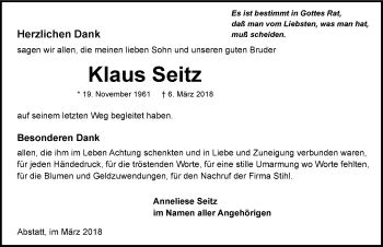 Traueranzeige von Klaus Seitz 