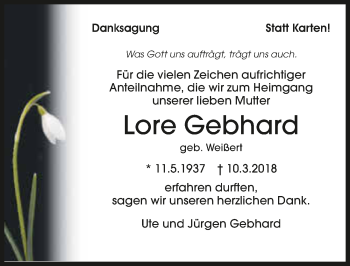 Traueranzeige von Lore Gebhard 
