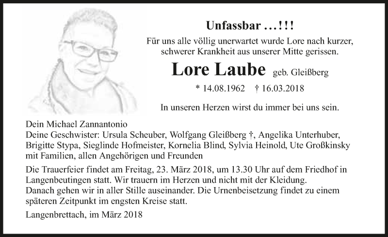  Traueranzeige für Lore Laube vom 21.03.2018 aus 