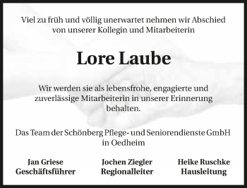 Traueranzeige von Lore Laube 