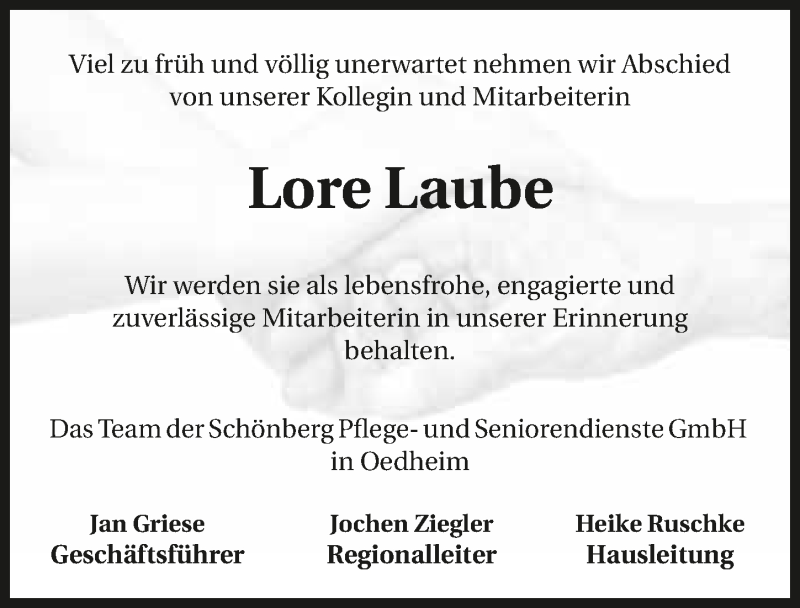  Traueranzeige für Lore Laube vom 21.03.2018 aus 