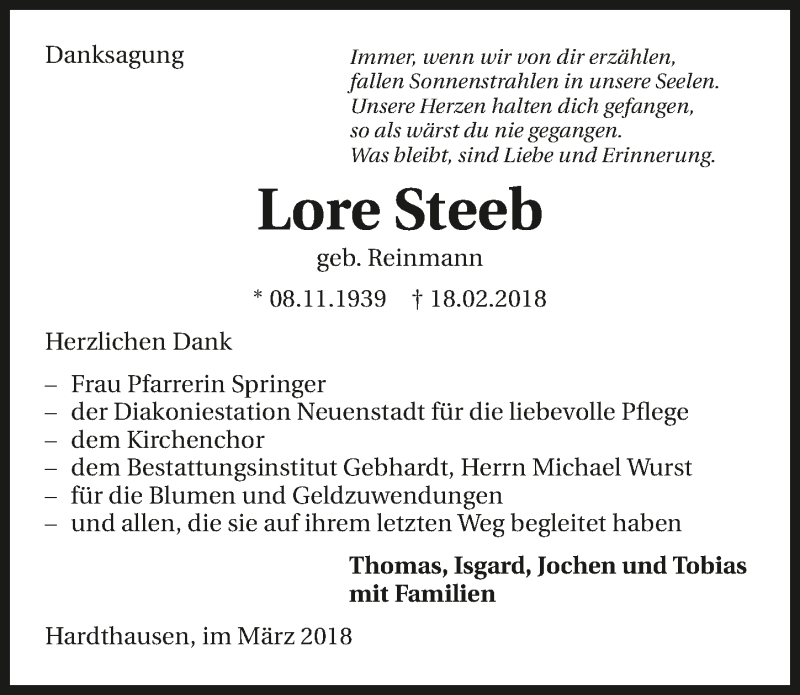  Traueranzeige für Lore Steeb vom 14.03.2018 aus 