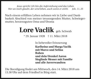 Traueranzeige von Lore Vaclik 