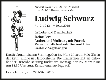 Traueranzeige von Ludwig Schwarz 