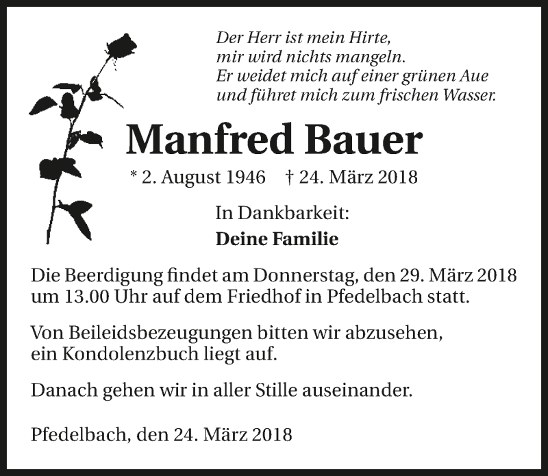  Traueranzeige für Manfred Bauer vom 27.03.2018 aus 