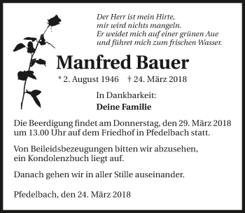 Traueranzeige von Manfred Bauer 