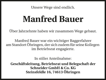 Traueranzeige von Manfred Bauer 