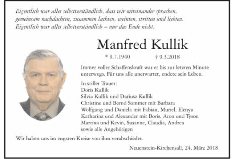  Traueranzeige für Manfred Kulik vom 24.03.2018 aus 