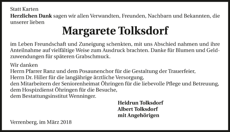  Traueranzeige für Margarete Tolksdorf vom 07.03.2018 aus 