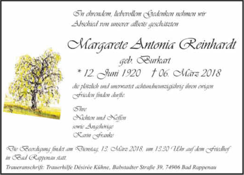  Traueranzeige für Margarete Antonia Reinhardt vom 10.03.2018 aus 