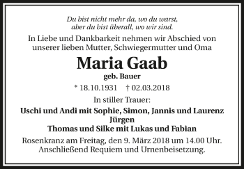 Traueranzeige von Maria Gaab 