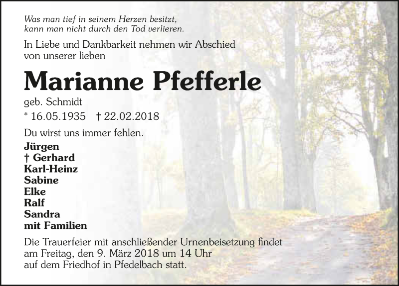  Traueranzeige für Marianne Pfefferle vom 06.03.2018 aus 