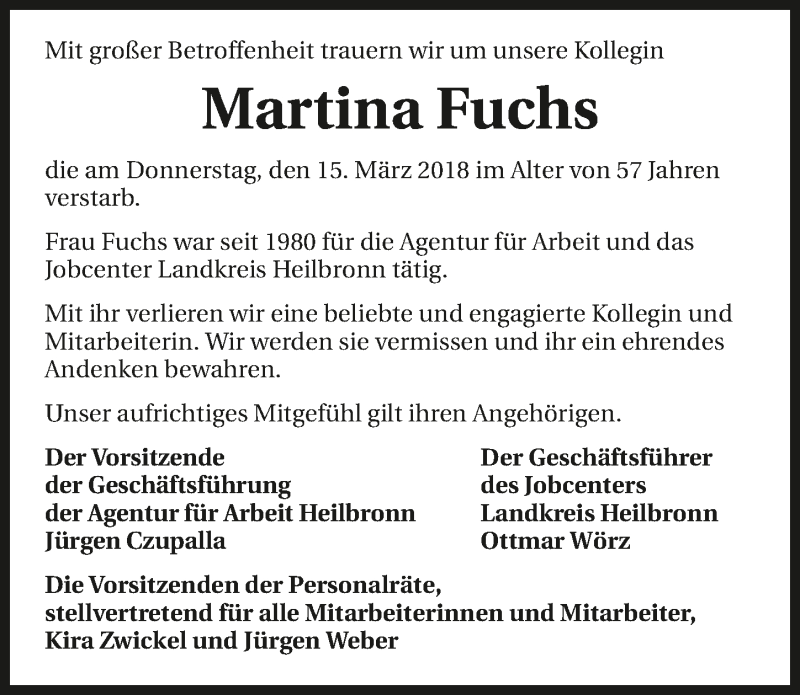  Traueranzeige für Martina Fuchs vom 22.03.2018 aus 