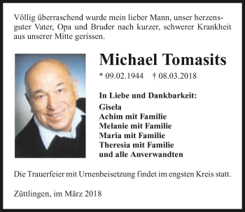 Traueranzeige von Michael Tomasits 