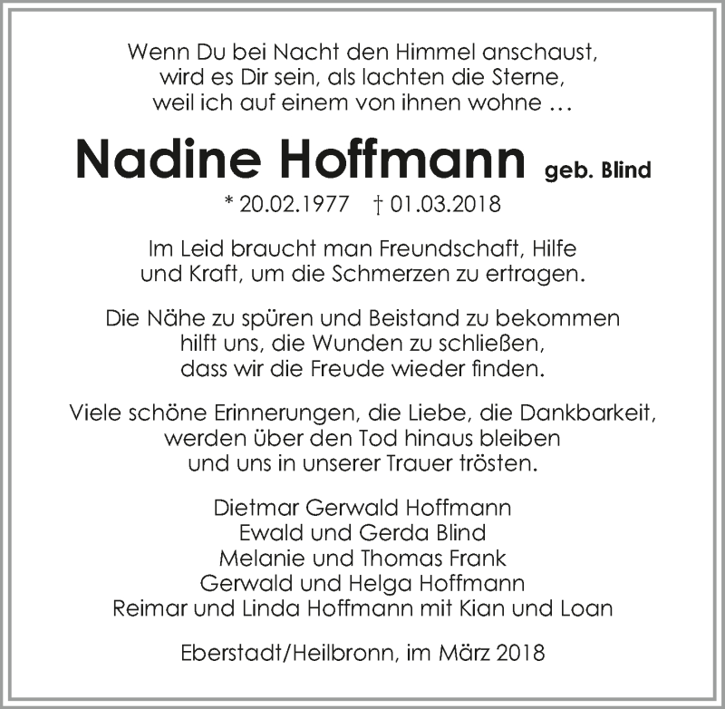  Traueranzeige für Nadine Hoffmann vom 28.03.2018 aus 