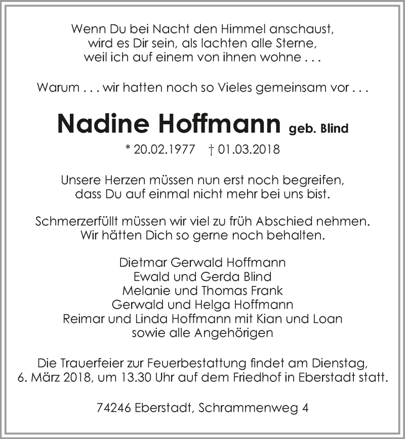  Traueranzeige für Nadine Hoffmann vom 03.03.2018 aus 