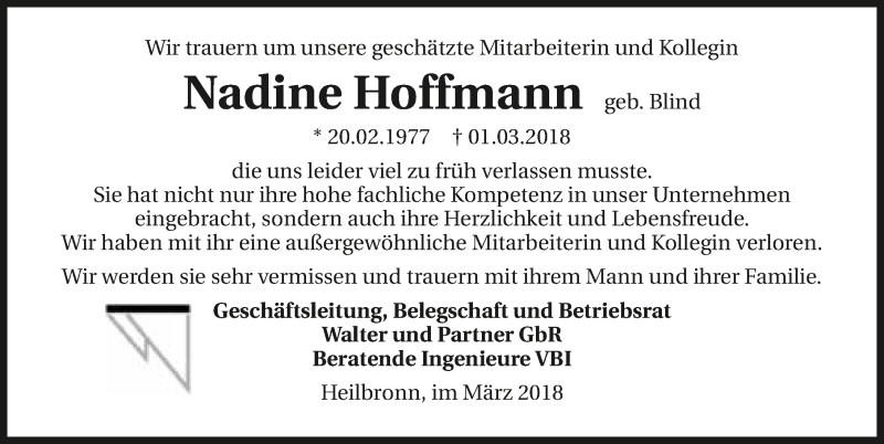  Traueranzeige für Nadine Hoffmann vom 06.03.2018 aus 