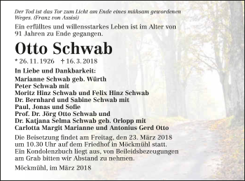 Traueranzeige von Otto Schwab 
