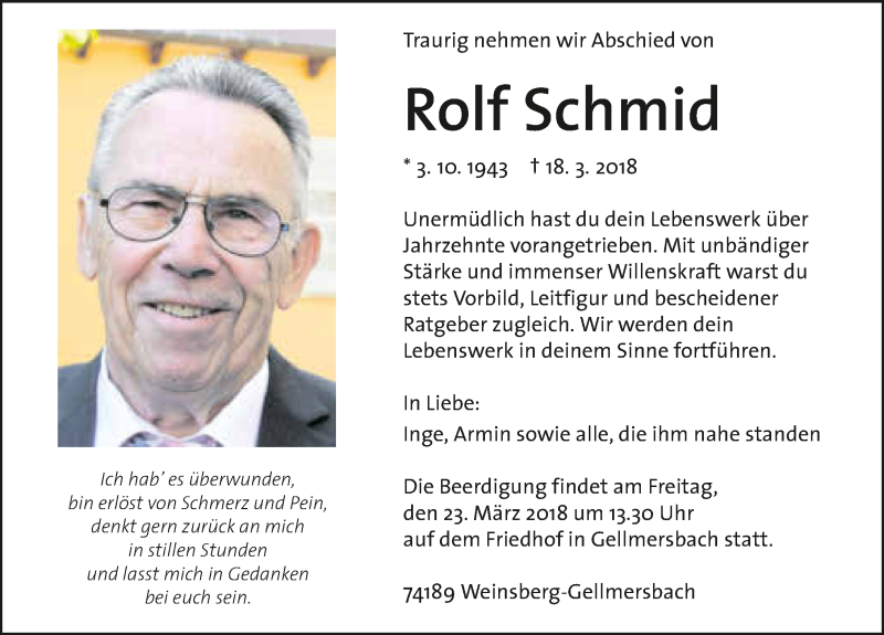  Traueranzeige für Rolf Schmid vom 21.03.2018 aus 