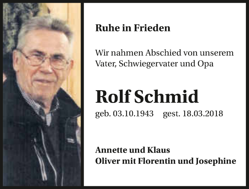  Traueranzeige für Rolf Schmid vom 21.03.2018 aus 
