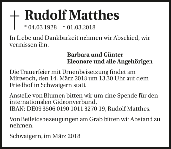 Traueranzeige von Rudolf Matthes 