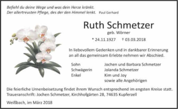 Traueranzeige von Ruth Schmetzer 