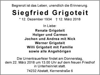 Traueranzeige von Siegfried Grigoleit