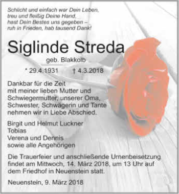Traueranzeige von Siglinde Streda 