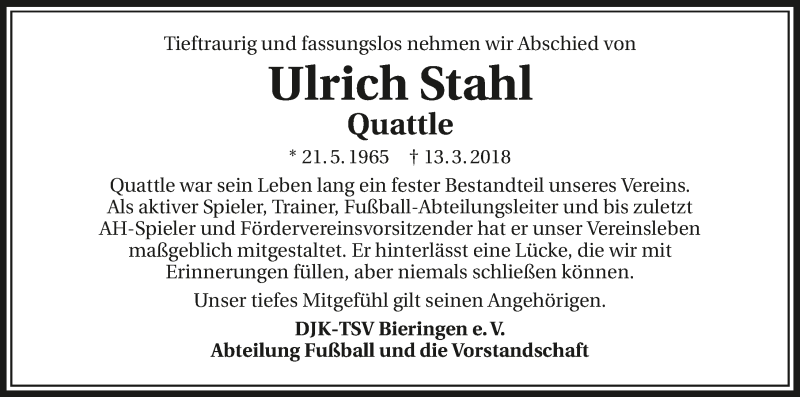  Traueranzeige für Ulrich Stahl vom 19.03.2018 aus 