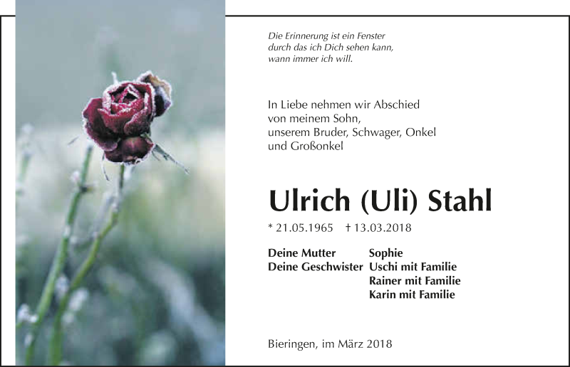  Traueranzeige für Ulrich Stahl vom 19.03.2018 aus 
