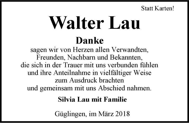  Traueranzeige für Walter Lau vom 24.03.2018 aus 