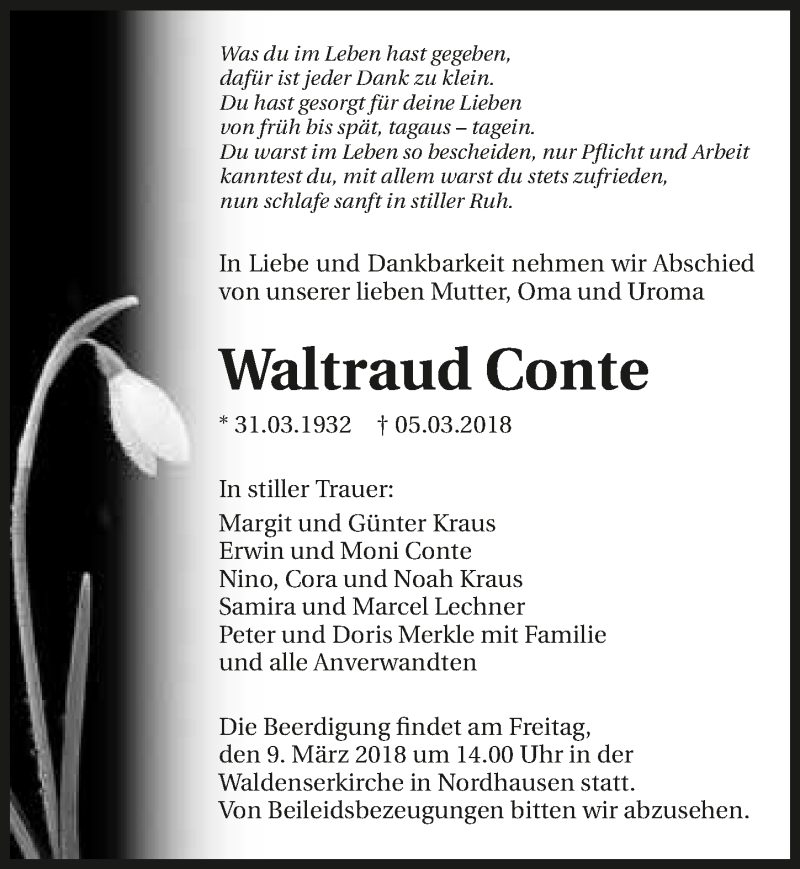  Traueranzeige für Waltraud Conte vom 06.03.2018 aus 