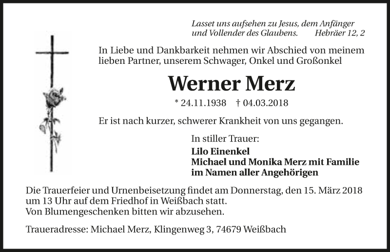  Traueranzeige für Werner Merz vom 12.03.2018 aus 