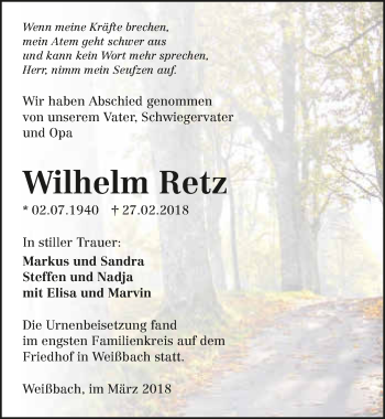Traueranzeige von Wilhelm Retz 