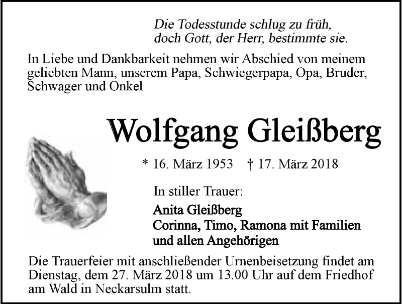  Traueranzeige für Wolfgang Gleißberg vom 21.03.2018 aus 