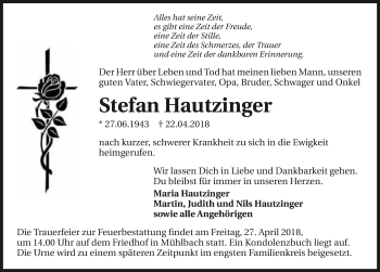 Traueranzeige von Stefan Hautzinger 