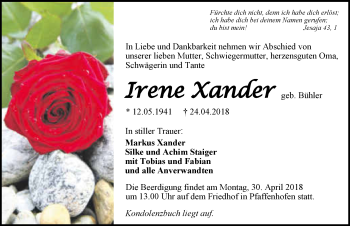 Traueranzeige von Irene Xander 