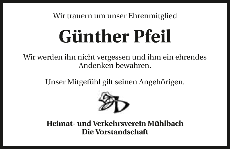  Traueranzeige für Günther Pfeil vom 26.04.2018 aus 