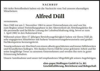 Traueranzeige von Alfred Düll 