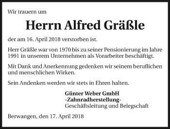 Traueranzeige von Alfred Gräßle 