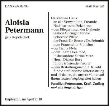 Traueranzeige von Alosia Petermann 