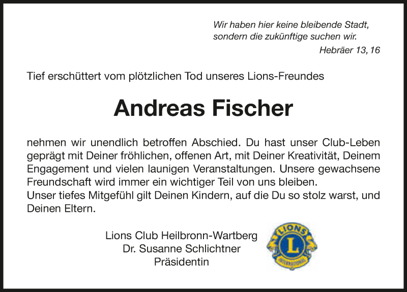  Traueranzeige für Andreas Fischer vom 11.04.2018 aus 