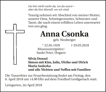 Traueranzeige von Anna Csonka 