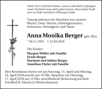 Traueranzeige von Anna Monika Berger 