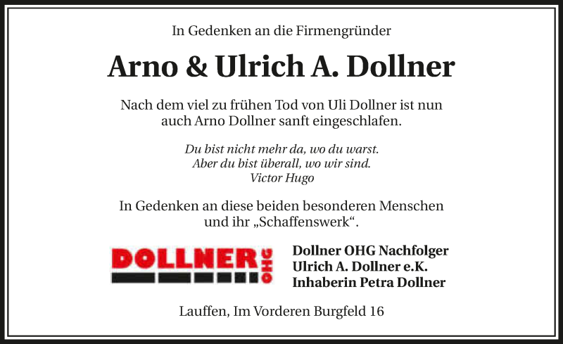  Traueranzeige für Arno und Ulrich Dollner vom 24.04.2018 aus 