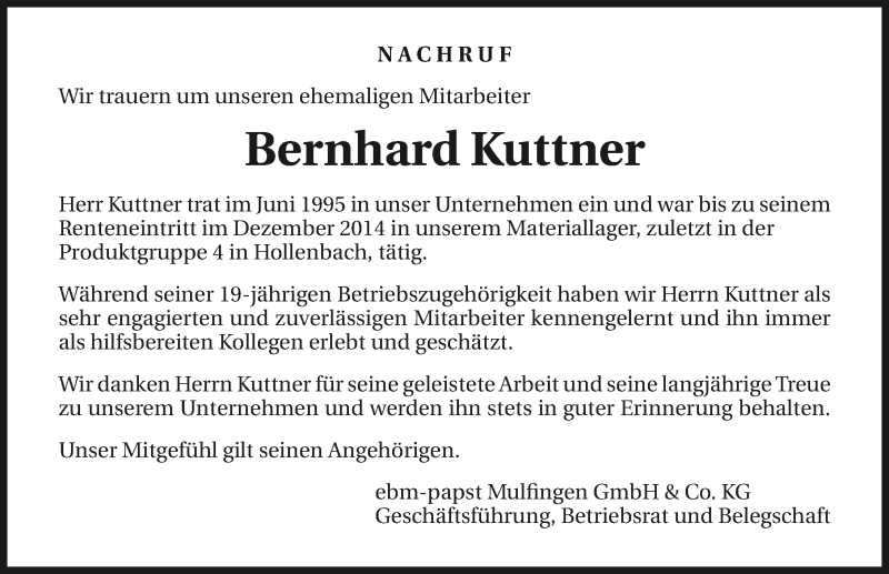  Traueranzeige für Bernhard Kuttner vom 07.04.2018 aus 