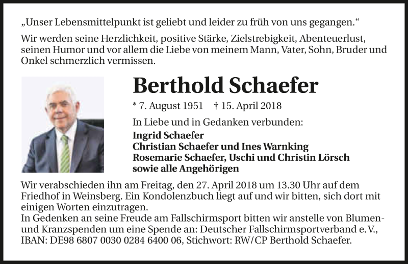  Traueranzeige für Berthold Schaefer vom 21.04.2018 aus 